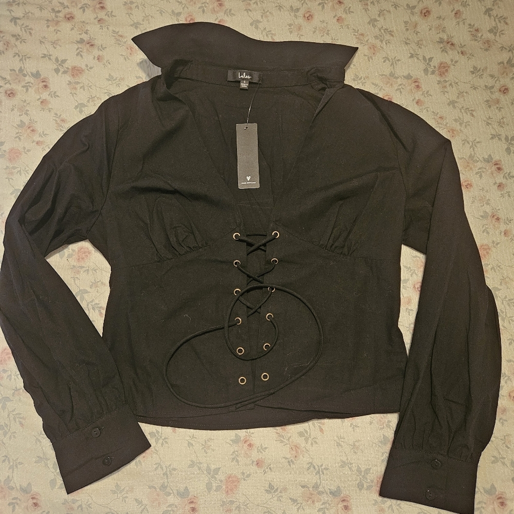 Lulus Black Lace-Up Long Sleeve Top